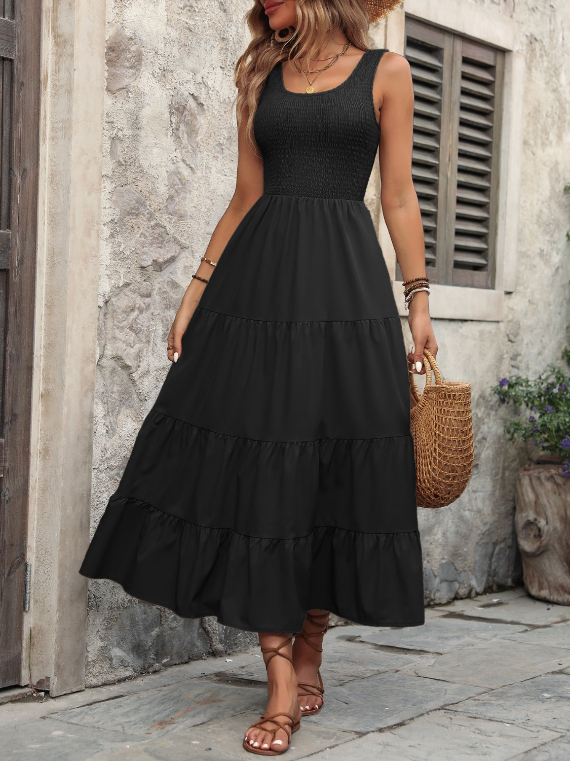 Smocked Scoop Neck Sleeveless Tank Dress - Taboochic
