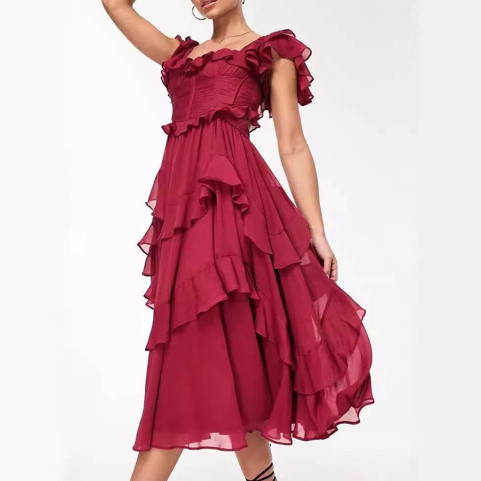 Summer Holiday Ruffled Short-sleeved Backless Square Neck Dress