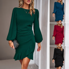 Women's Puff Long Sleeve Fashion Graceful Solid Color Slim Hip-covering Dress