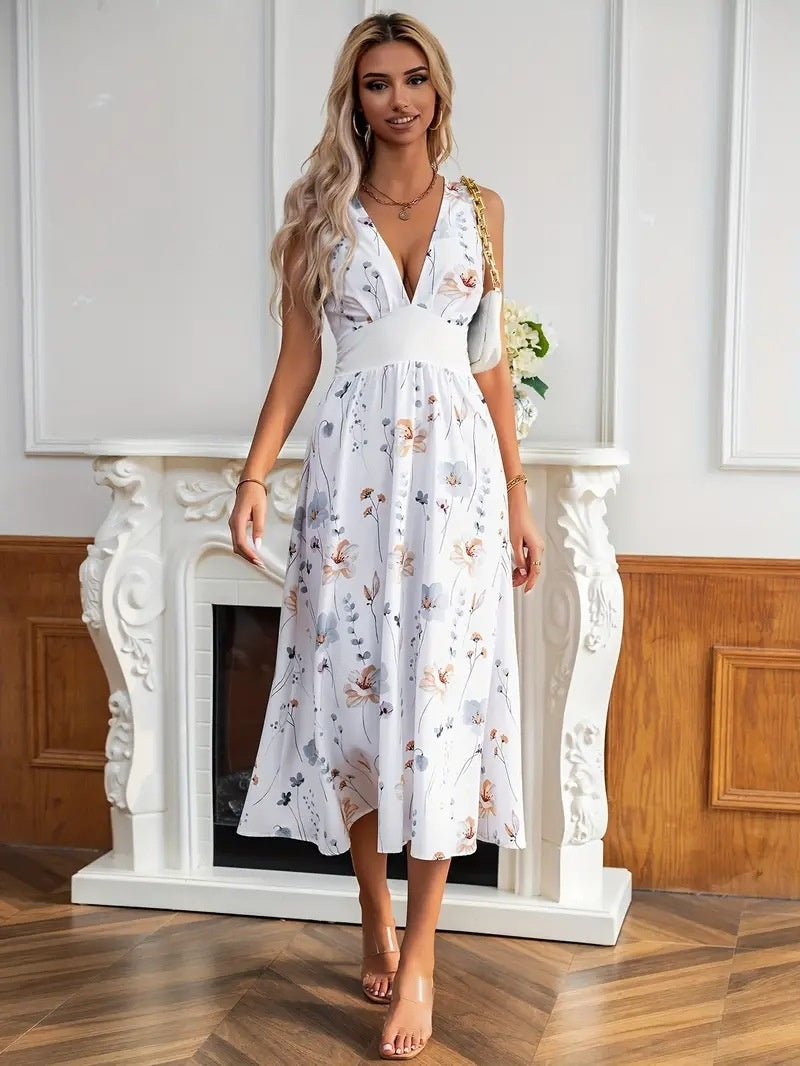 Women's Summer New V-neck High Waist Sleeveless Printed Dress