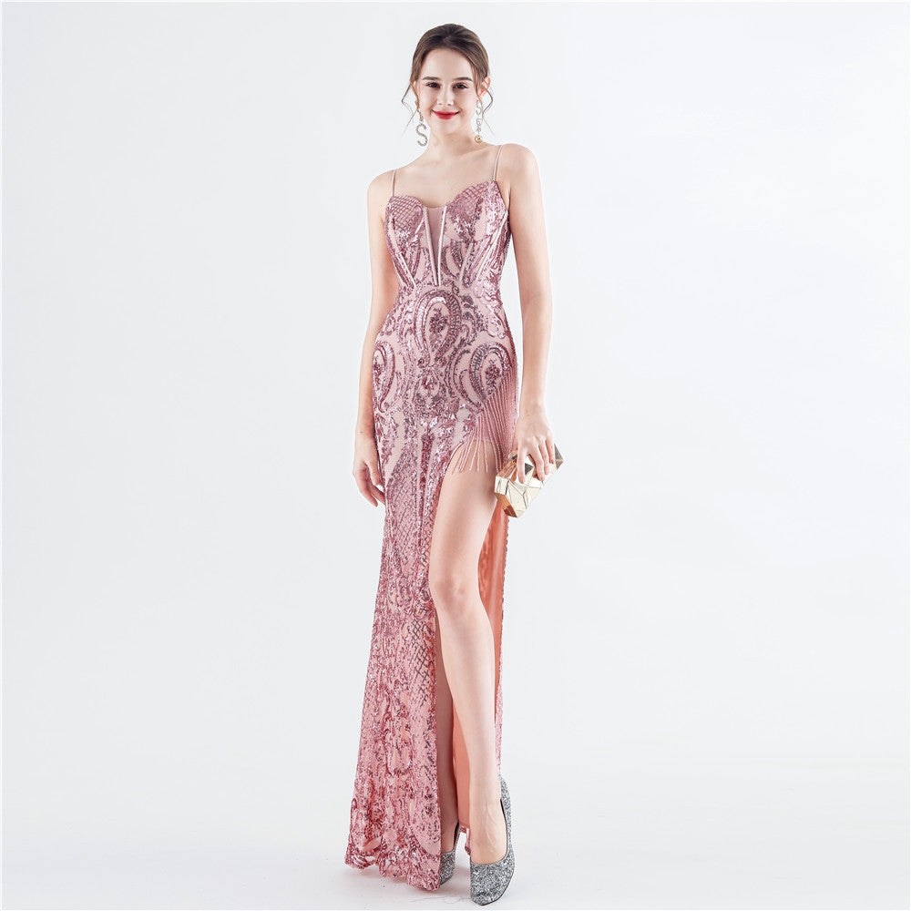 Handmade Beaded Flower Sequined Fishbone Evening Strap Party Dress