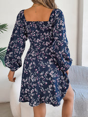 Fashion Floral Print Lantern Square Neck Long Sleeve A-Line Dress