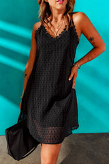 Swiss Dot Lace Trim V-Neck Dress - Taboochic