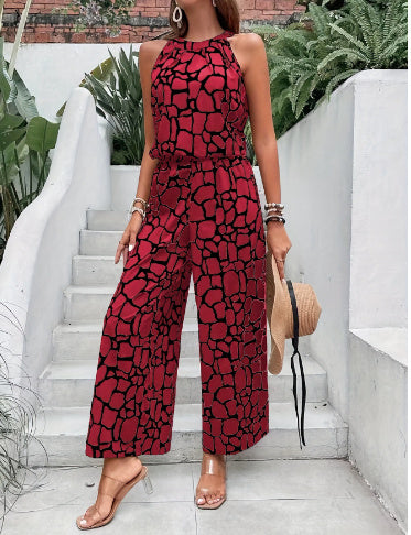 Printed Waist-controlled Lace-up Top One-piece Trousers