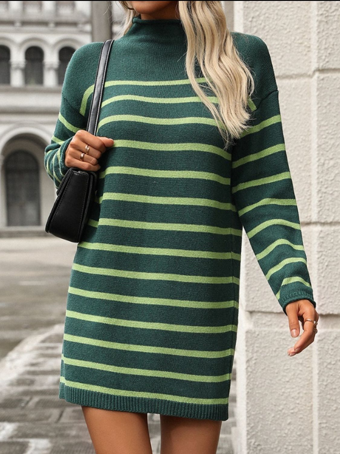 Striped Mock Neck Long Sleeve Mini Dress - Taboochic