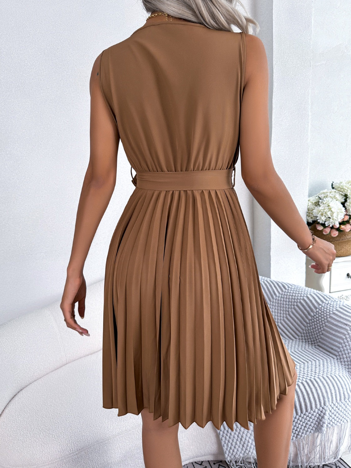 Tied Surplice Sleeveless Pleated Dress - Taboochic