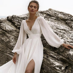 Long Sleeve Beach Boho Wedding Dress Bridal Gown