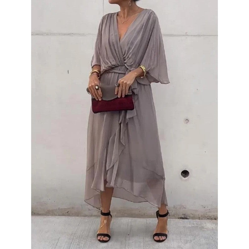 Batwing Sleeve V-neck half sleeve Midi Dress