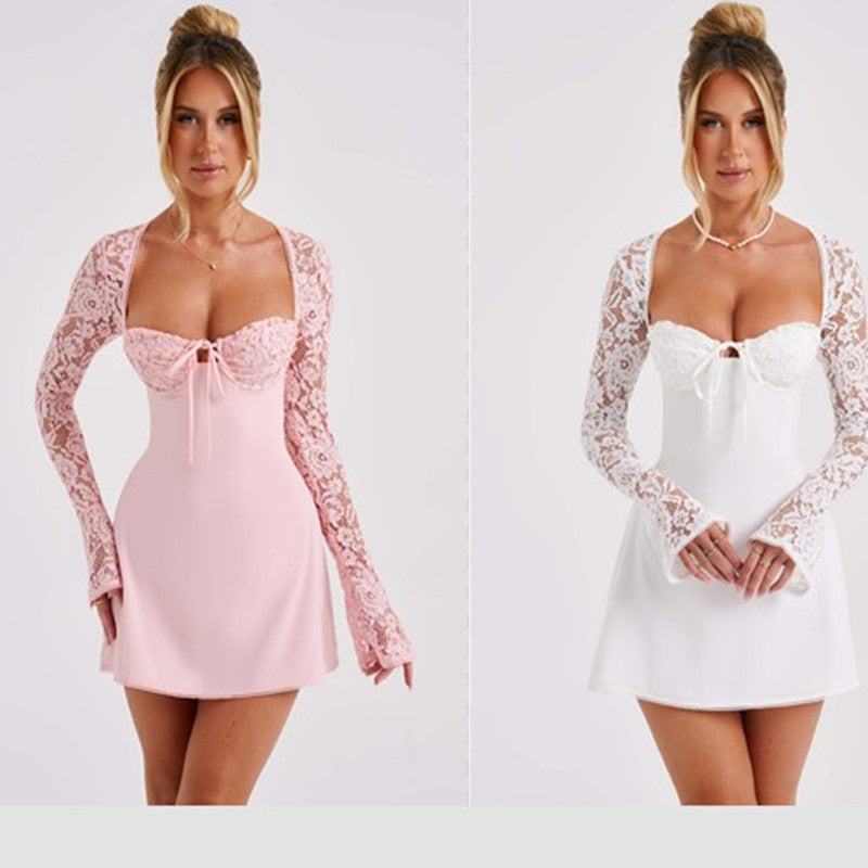 Fashion Corset Lace Long Sleeve Backless Lace Up Short Dress