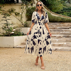 New V-neck Printed Short-sleeved Slim Seaside Maxi Dress