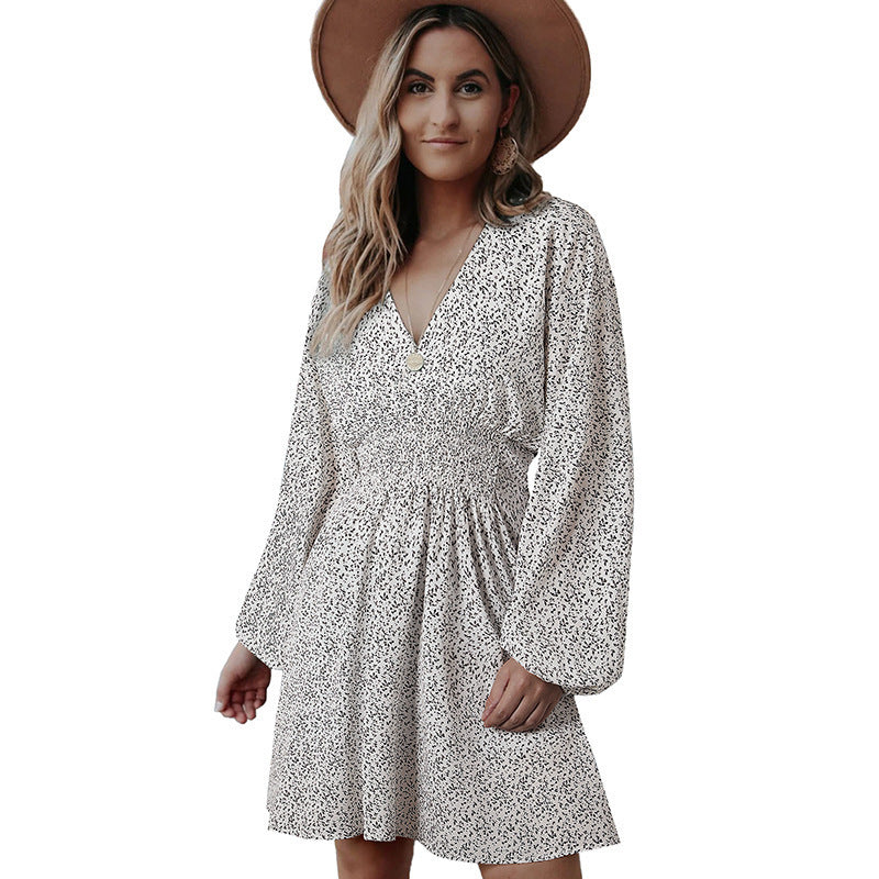 Polka Print Long Sleeve V Neck Lantern Pleated Waist Slim A-line Mini Dress