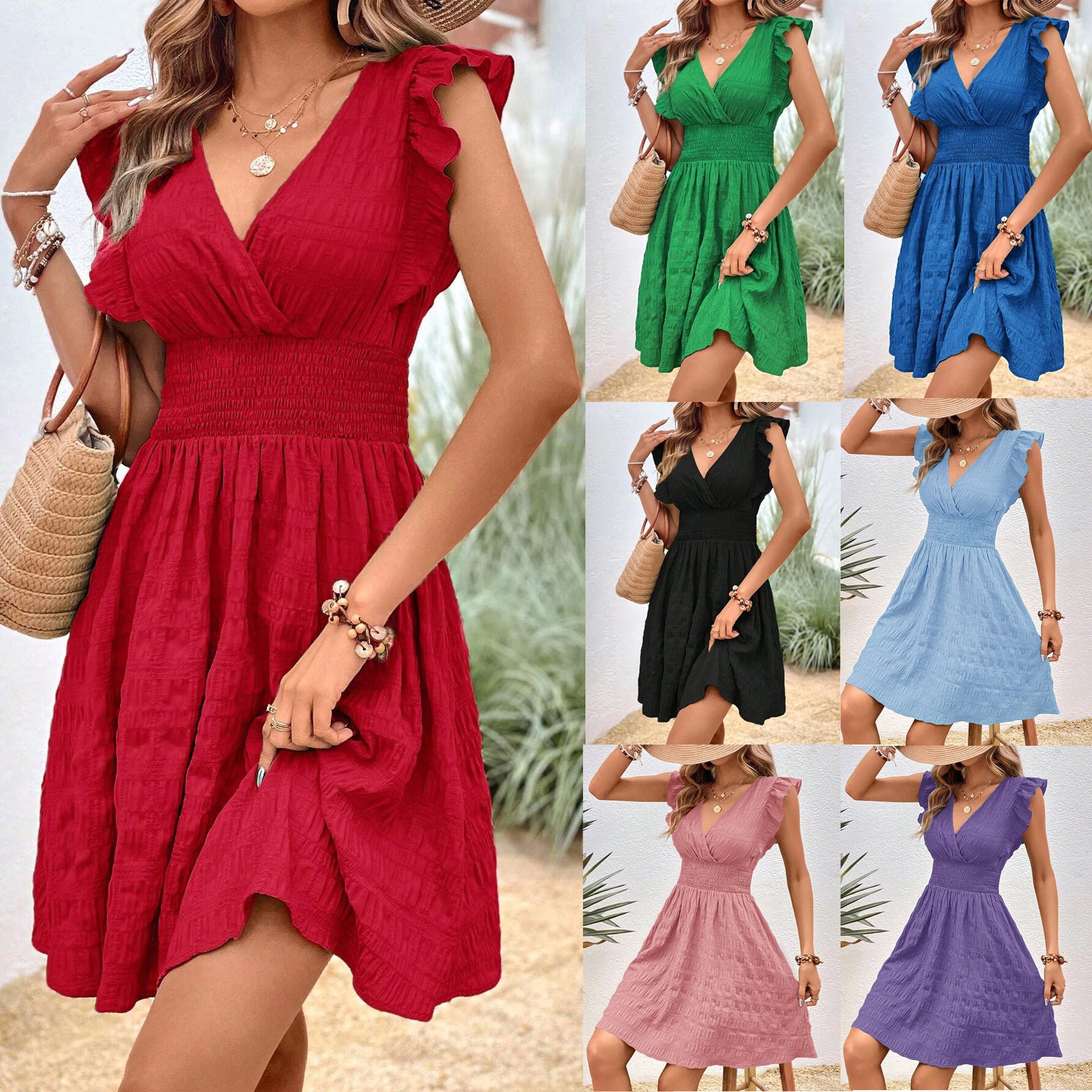 V-neck Pleated Slim Fit Slimming Mini Dress