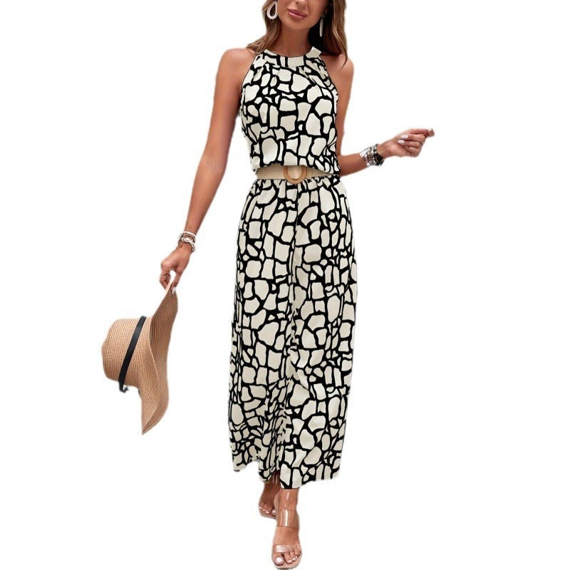 Printed Waist-controlled Lace-up Top One-piece Trousers