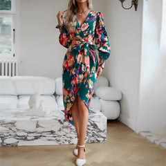 Printed Autumn Winter Elegant V-neck Long Sleeve Dress