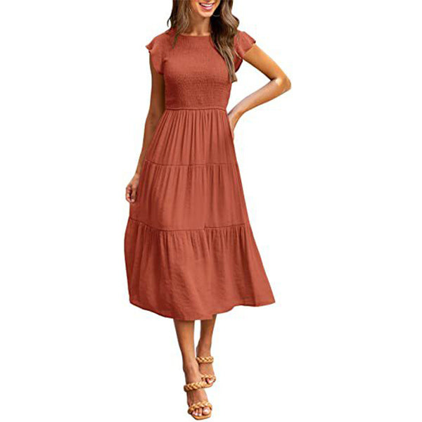 Holiday Style High Waist Ruffled Sleeve A-line Short Sleeve Midi Dress