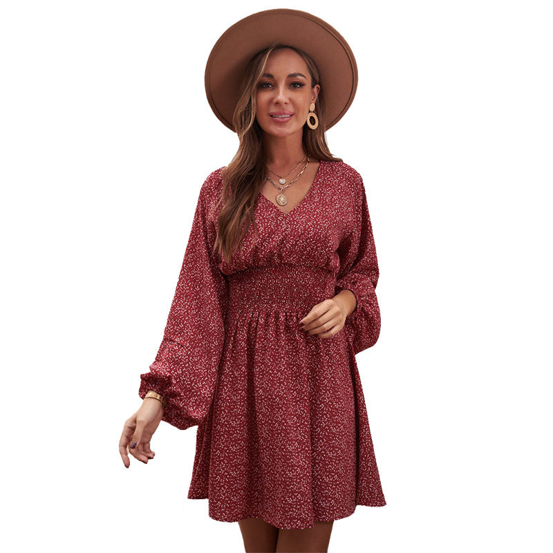 Polka Print Long Sleeve V Neck Lantern Pleated Waist Slim A-line Mini Dress