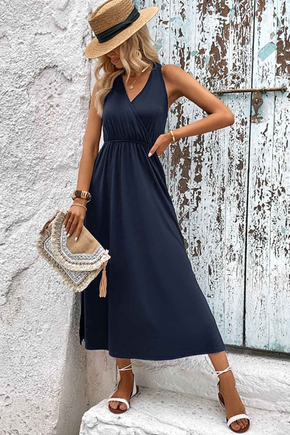 Surplice Neck Slit Sleeveless Dress - Taboochic