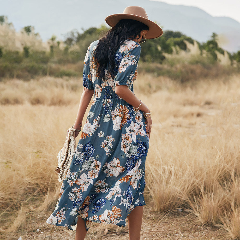 Floral V Neck Elastic Waist  Midi Dress