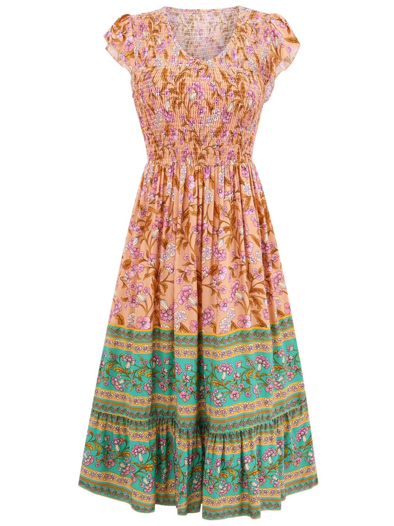 New Flowers Print V-neck Midi Dress Summer Casual Ruffle Sleeveless Dress