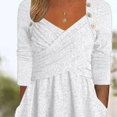 Women's Casual Loose Cross Button Solid Color Long Sleeve Dress