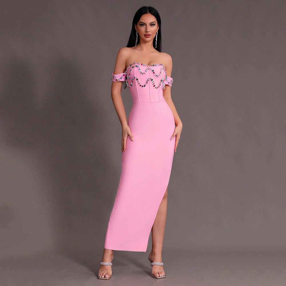 Off-shoulder Sexy Colorful Crystal Diamond Split Tight Stretch Dress