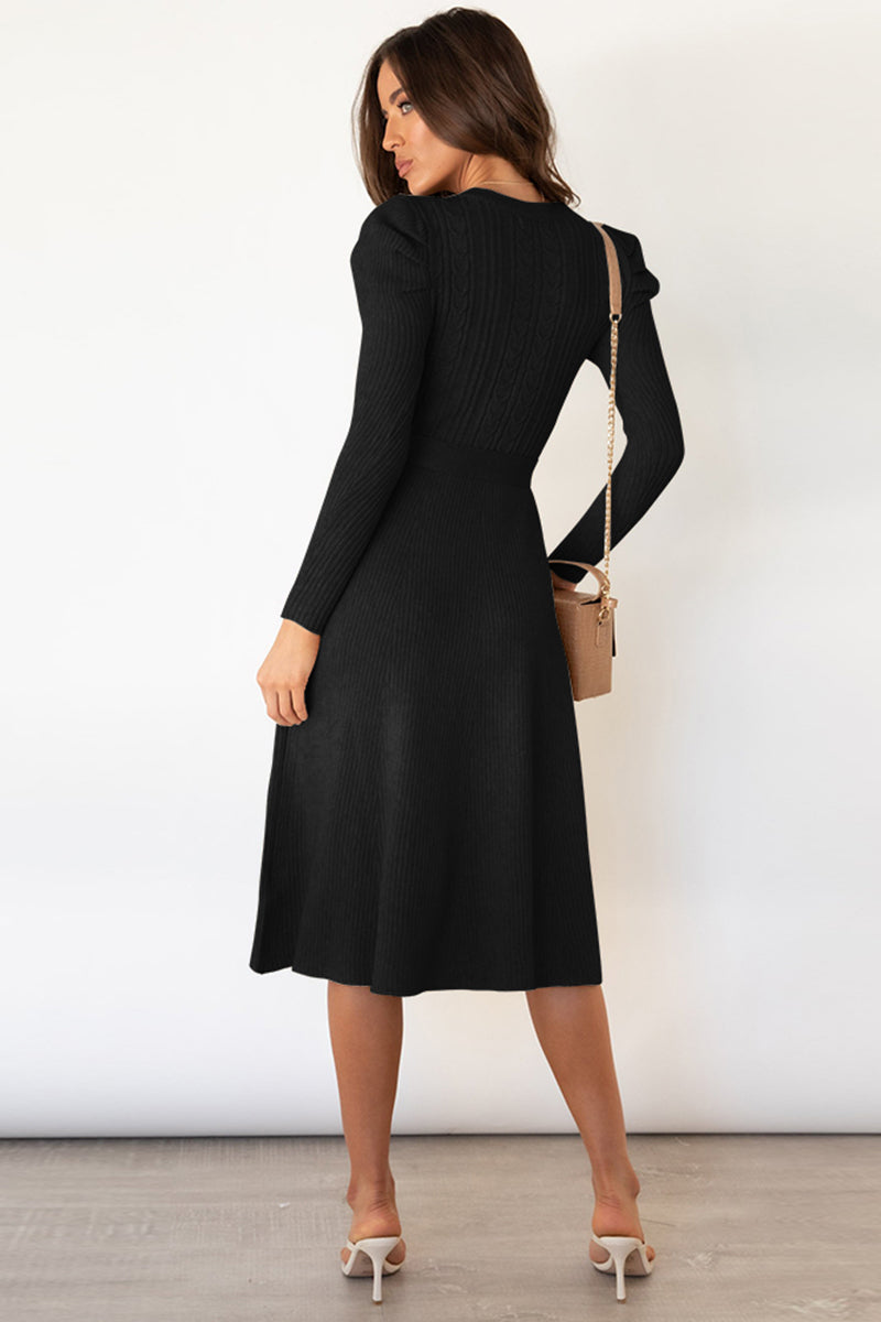 Round Neck Long Sleeve Tie Waist Sweater Dress - Taboochic