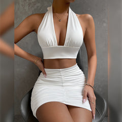 Women Halter Lace-up Hip 2pcs Dress