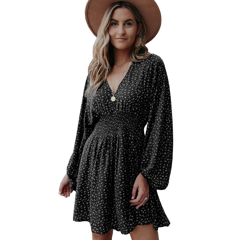 Polka Print Long Sleeve V Neck Lantern Pleated Waist Slim A-line Mini Dress