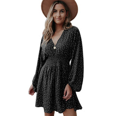 Polka Print Long Sleeve V Neck Lantern Pleated Waist Slim A-line Mini Dress