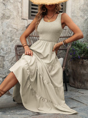 Smocked Scoop Neck Sleeveless Tank Dress - Taboochic