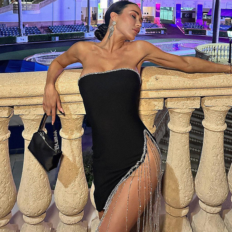 Wrapped Panel Tassel Slit Party Mini Dress