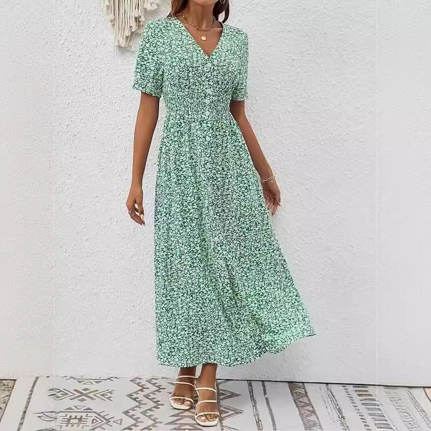 Summer New V-neck Printed Short Sleeve Split Dress