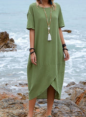 Women Neck Pocket Summer Loose Casual Maxi Dress