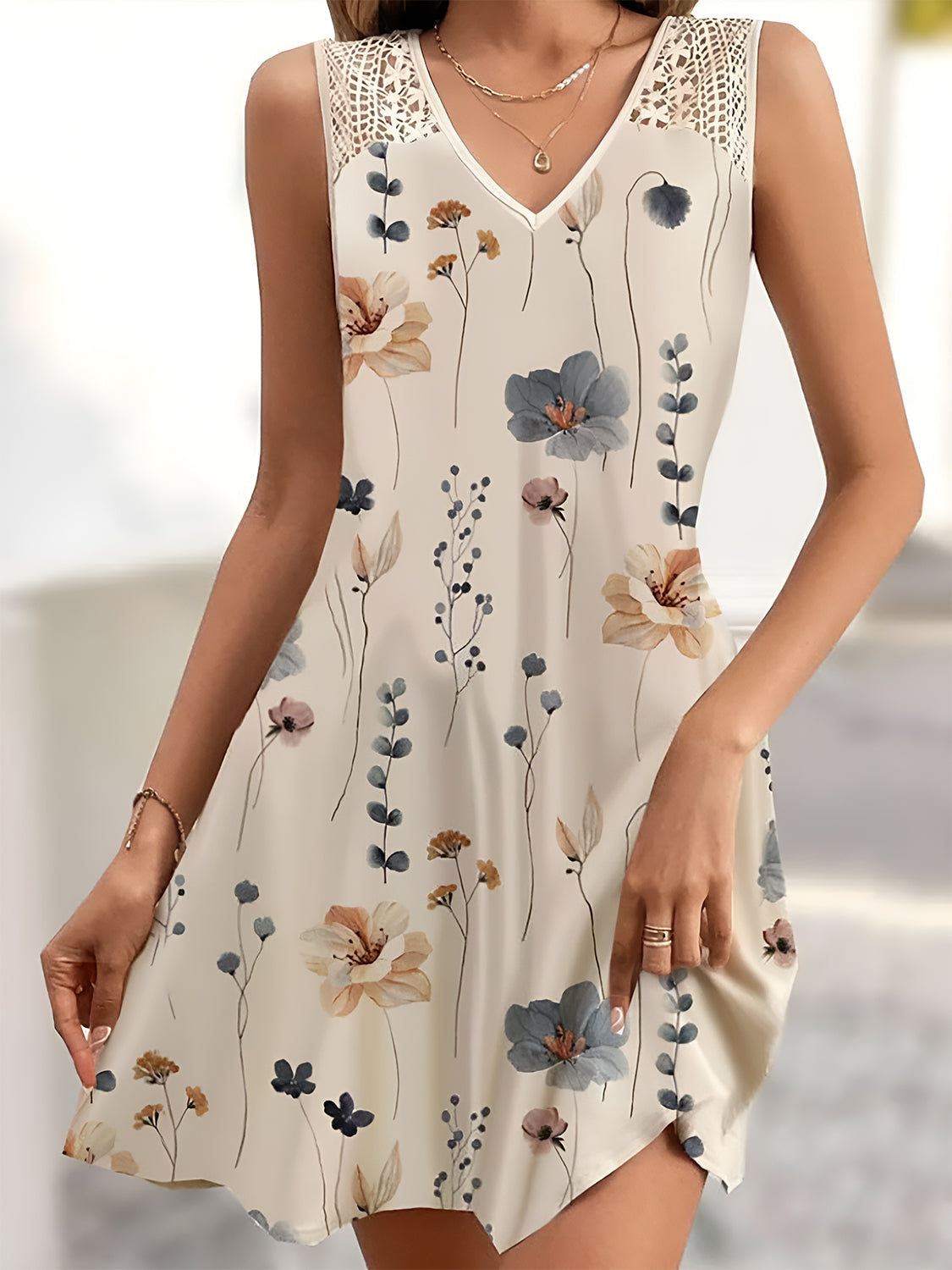 Printed V-Neck Sleeveless Mini Dress - Taboochic