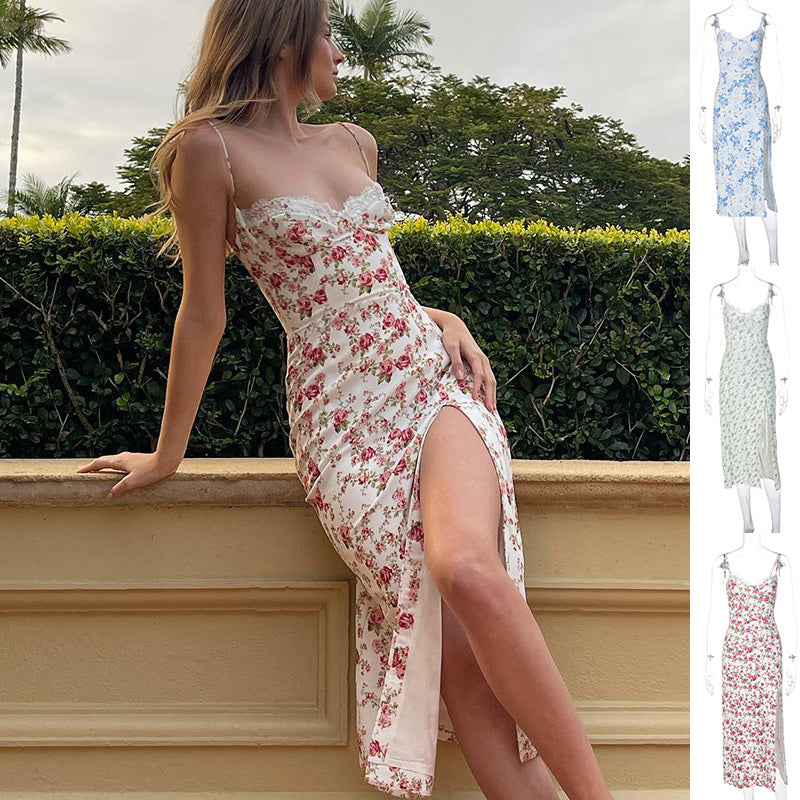 Lace Flowers Print Strap Dress