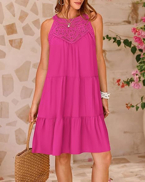 Summer Halterneck A-line With Flower Hollow Lace Design Sleeveless Dress