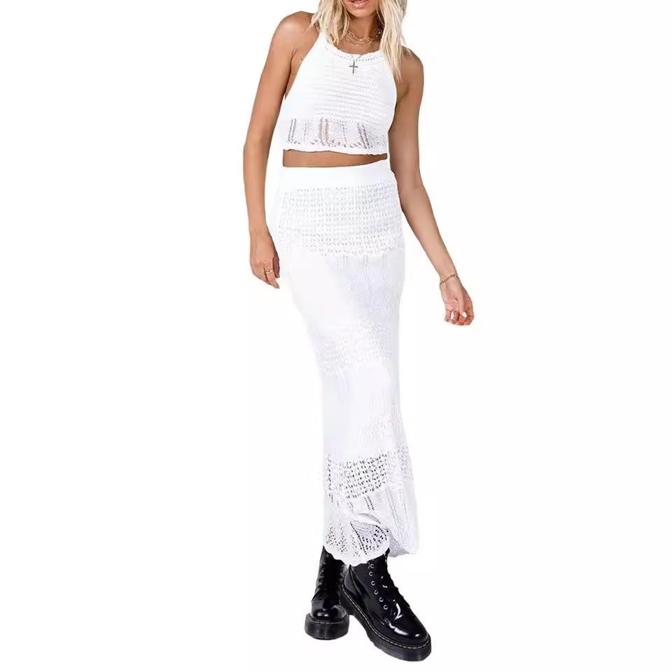 Top High Waist Skirt Two-piece Summer Knitted Beach Vacation Suit