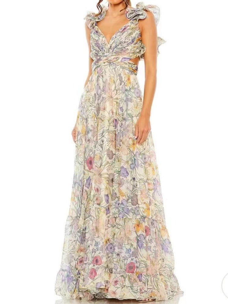 Women's Cut-out Ruffled Sleeveless Waist-controlled Hem Dress