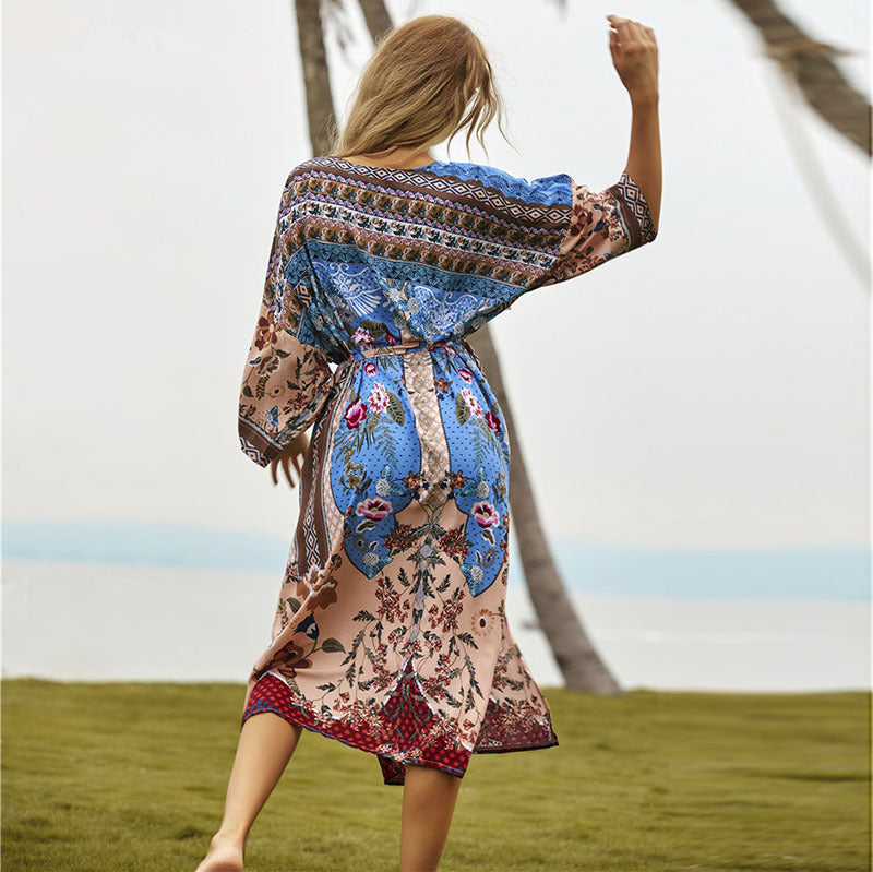 Rayon Watermark Printed Beach Cover-up Cardigan Midi Dress