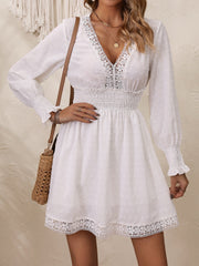 Lace Detail V-Neck Long Sleeve Dress - Taboochic