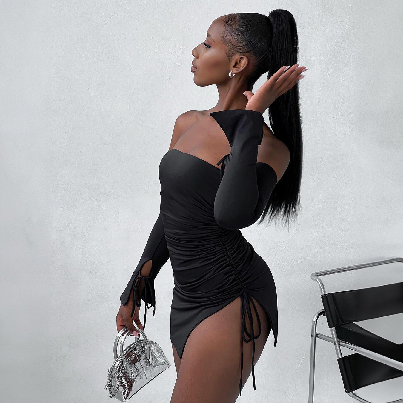 Women's Shoulder-baring Wrapped Chest Split Hip Mini Dress
