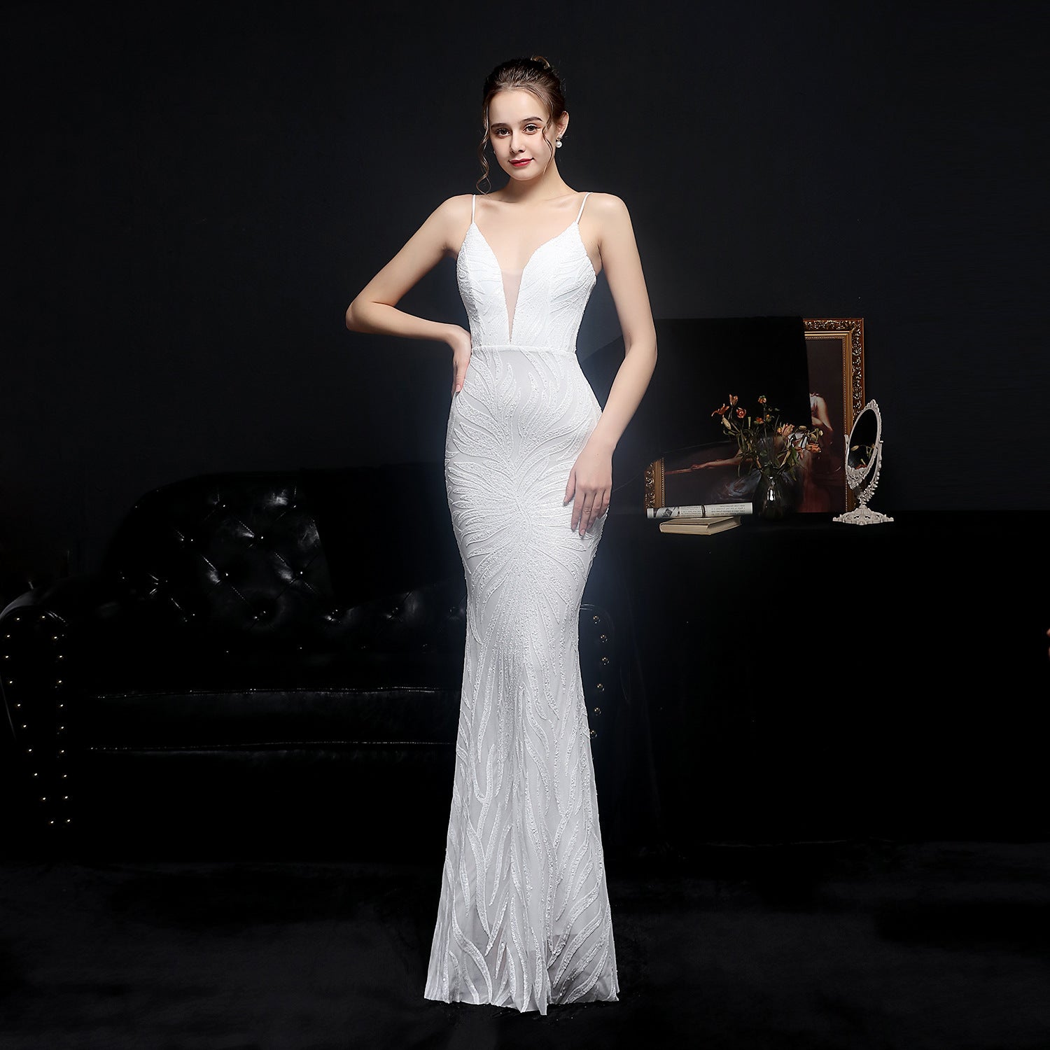 New Sequined Mermaid Evening Backless Formal Dress
