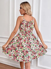 Floral Print Suspender Strap Dress With Elastic Waist Design