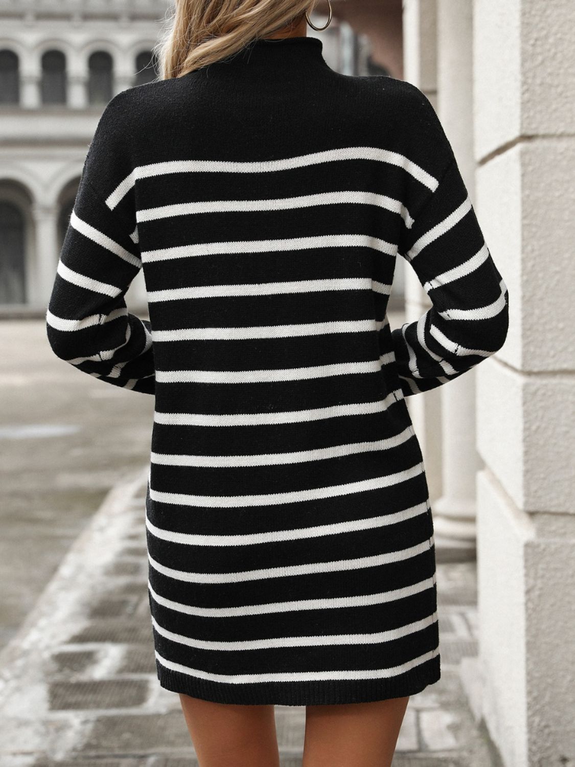 Striped Mock Neck Long Sleeve Mini Dress - Taboochic