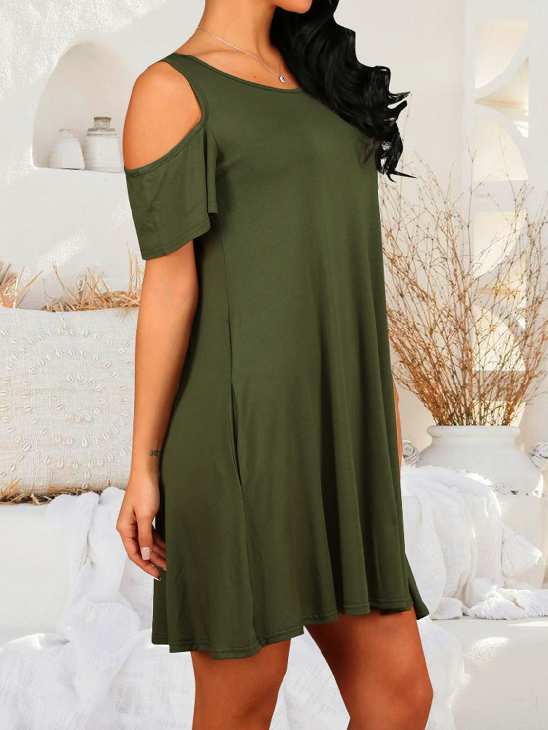 Round Neck Cold Shoulder Short Sleeve Dress - Taboochic