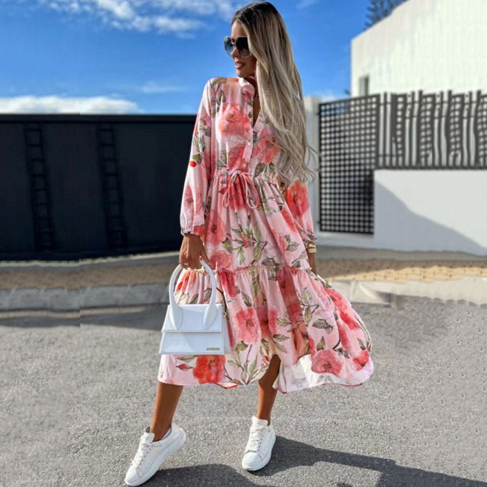 Women's Printing Loose And Stylish Long Sleeves Midi Dress