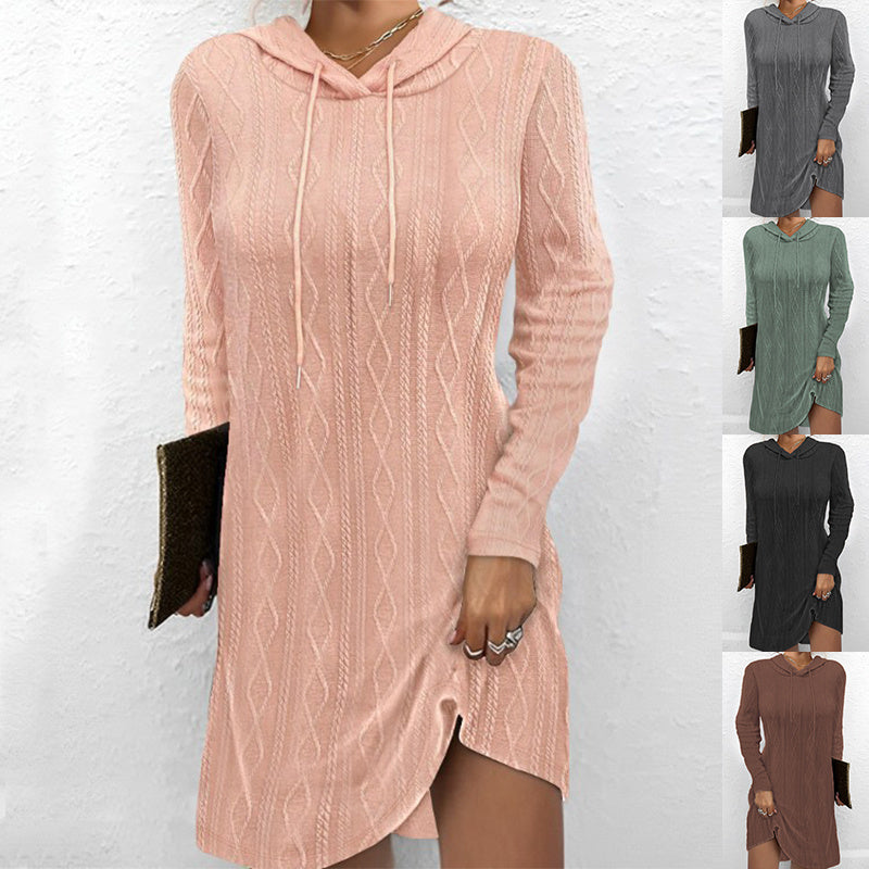 Long Sleeve Hooded Pullover Knitted Mini Dress For Women