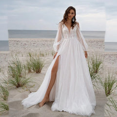 Beach Boho V-Neck Tulle Wedding Long Dress