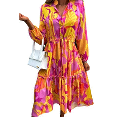 Women's Printing Loose And Stylish Long Sleeves Midi Dress