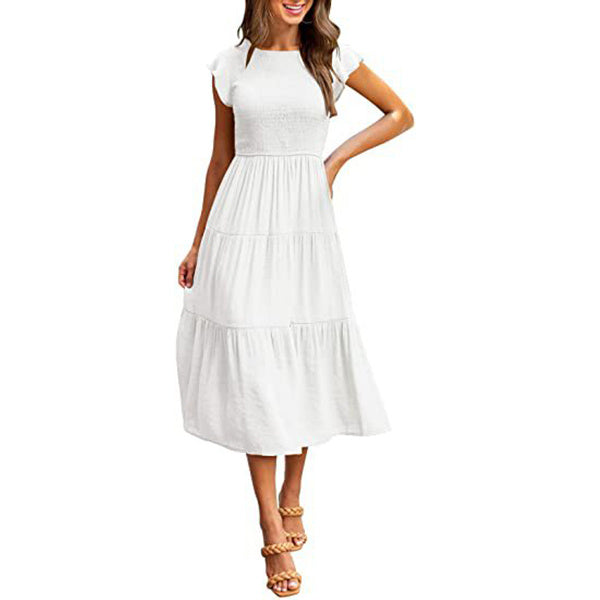 Holiday Style High Waist Ruffled Sleeve A-line Short Sleeve Midi Dress